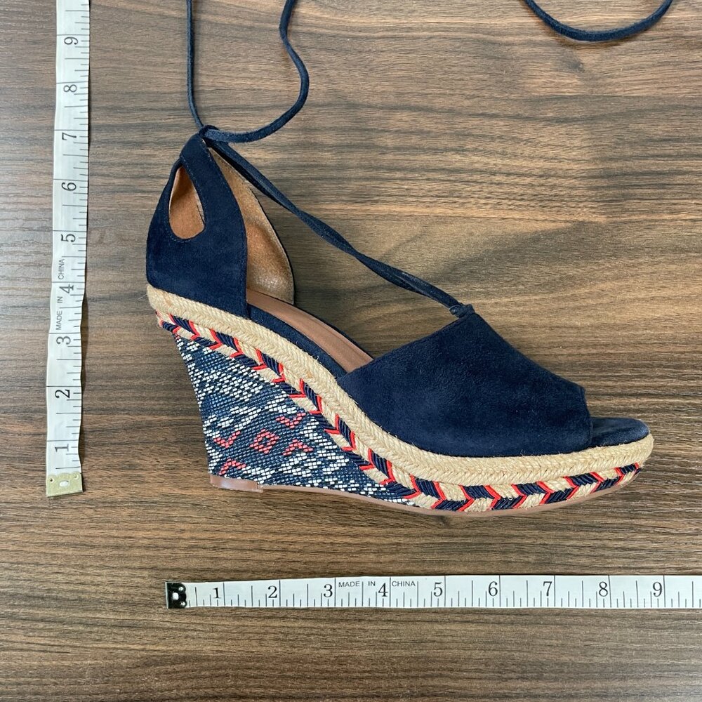 Cabi Wrap Lace-Up Blue Suede Leather Espadrille Aztec Wedge Heel Women's 5M - Picture 14 of 15